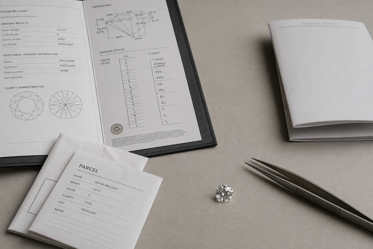 Polished diamond with report folder