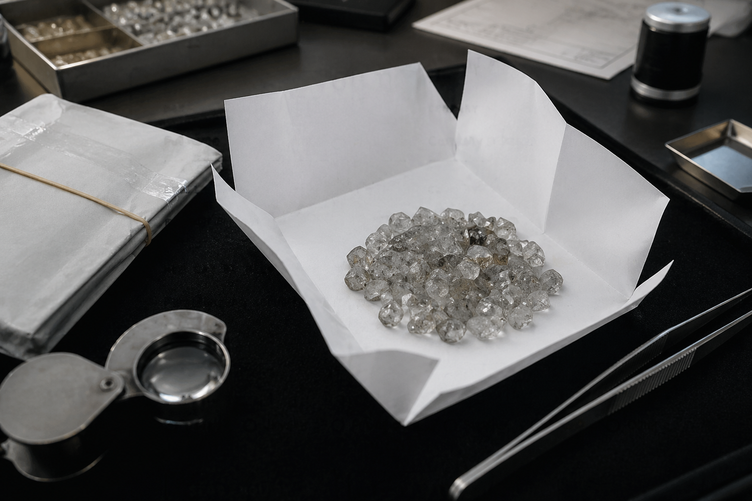 Rough diamond parcel under desk light